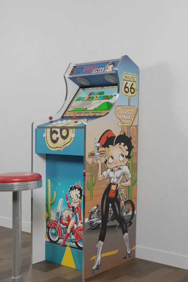 Borne d'arcade Classic sur mesure Betty Boop, décor Route 66 — Art'cade Design Nice
