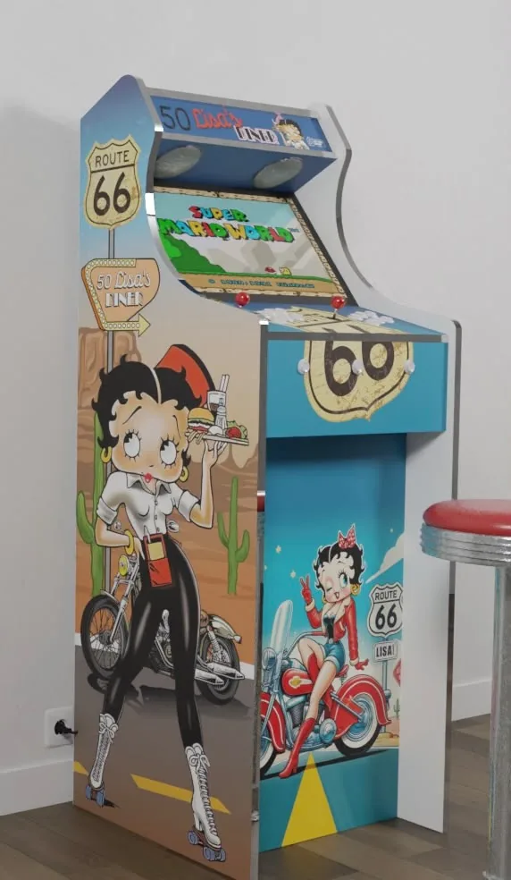 Borne arcade Betty Boop vue de face, flanc illustré et marquee — Art'cade Design Nice