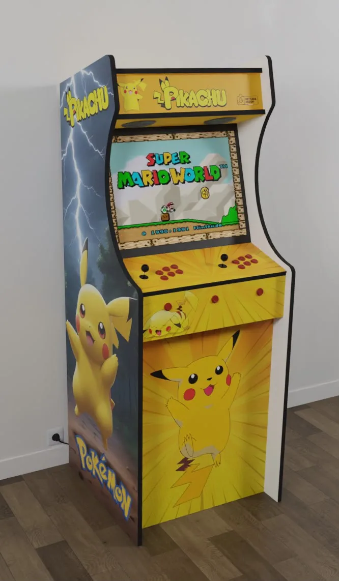 Visuel 3D d'une borne d'arcade XL sur mesure sur le thème Pikachu — Art'cade Design Nice