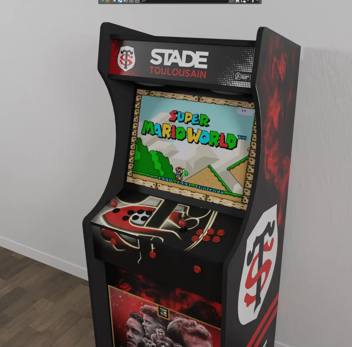 Visuel 3D d'une borne d'arcade XL sur mesure aux couleurs d'un club de rugby — Art'cade Design Nice