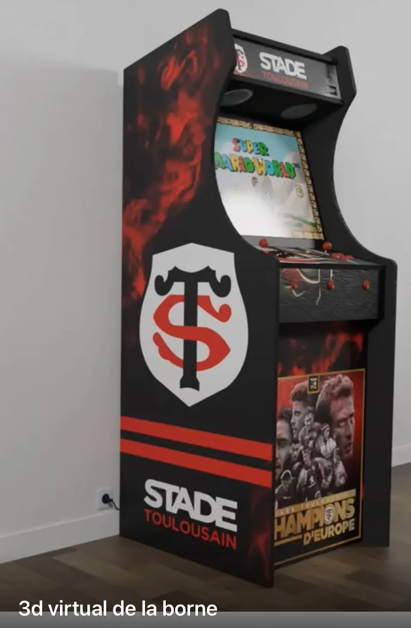 Visuel 3D de la borne arcade rugby vue de profil, blason du club — Art'cade Design Nice