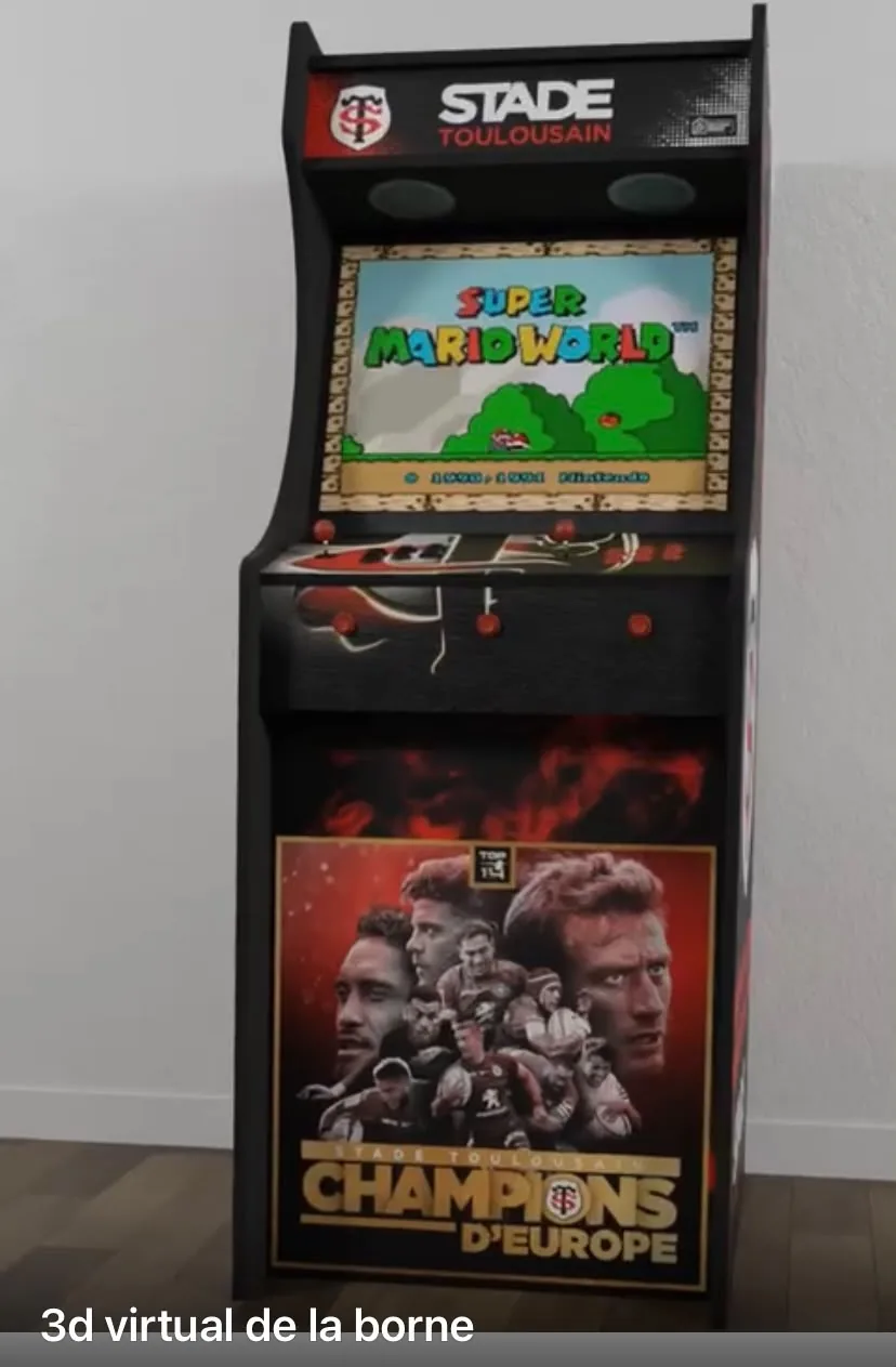 Visuel 3D de la borne arcade rugby, façade illustrée des champions — Art'cade Design Nice