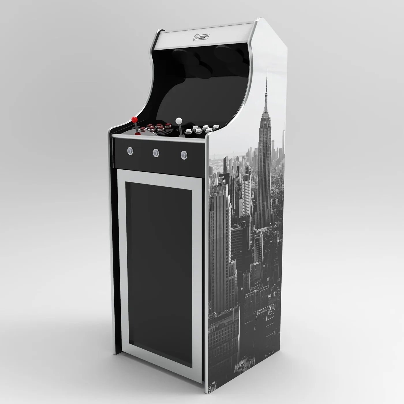 Visuel 3D d'une borne d'arcade Combi avec vitrine d'exposition intégrée, thème New York — Art'cade Design Nice