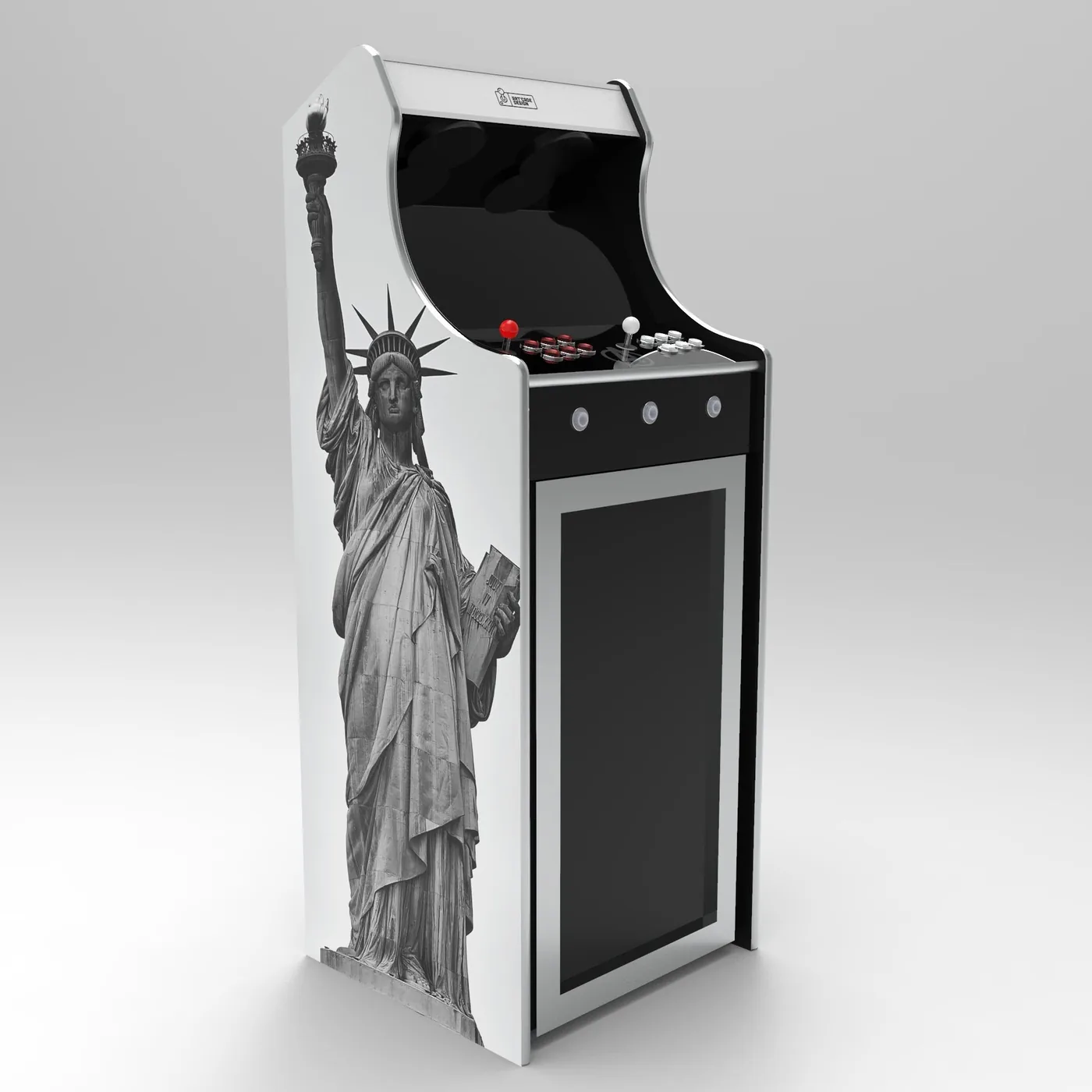 Visuel 3D de la borne Combi vitrine, flanc Statue de la Liberté — Art'cade Design Nice