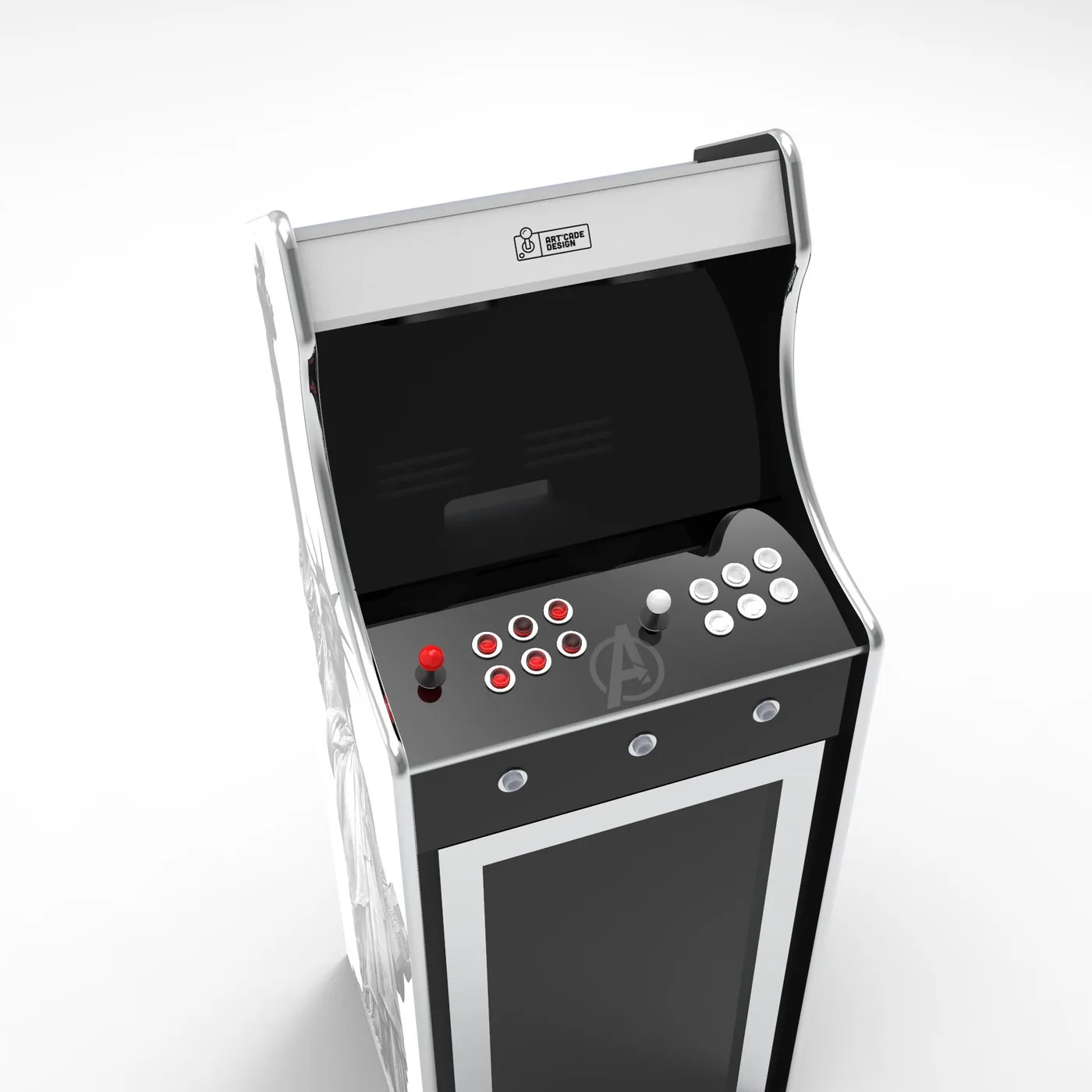 Visuel 3D d'une variante de borne Combi avec vitrine et panneau de contrôle rouge — Art'cade Design Nice
