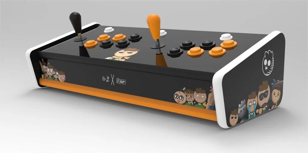 Visuel 3D d'une console de jeux d'arcade personnalisée orange et noire — Art'cade Design Nice