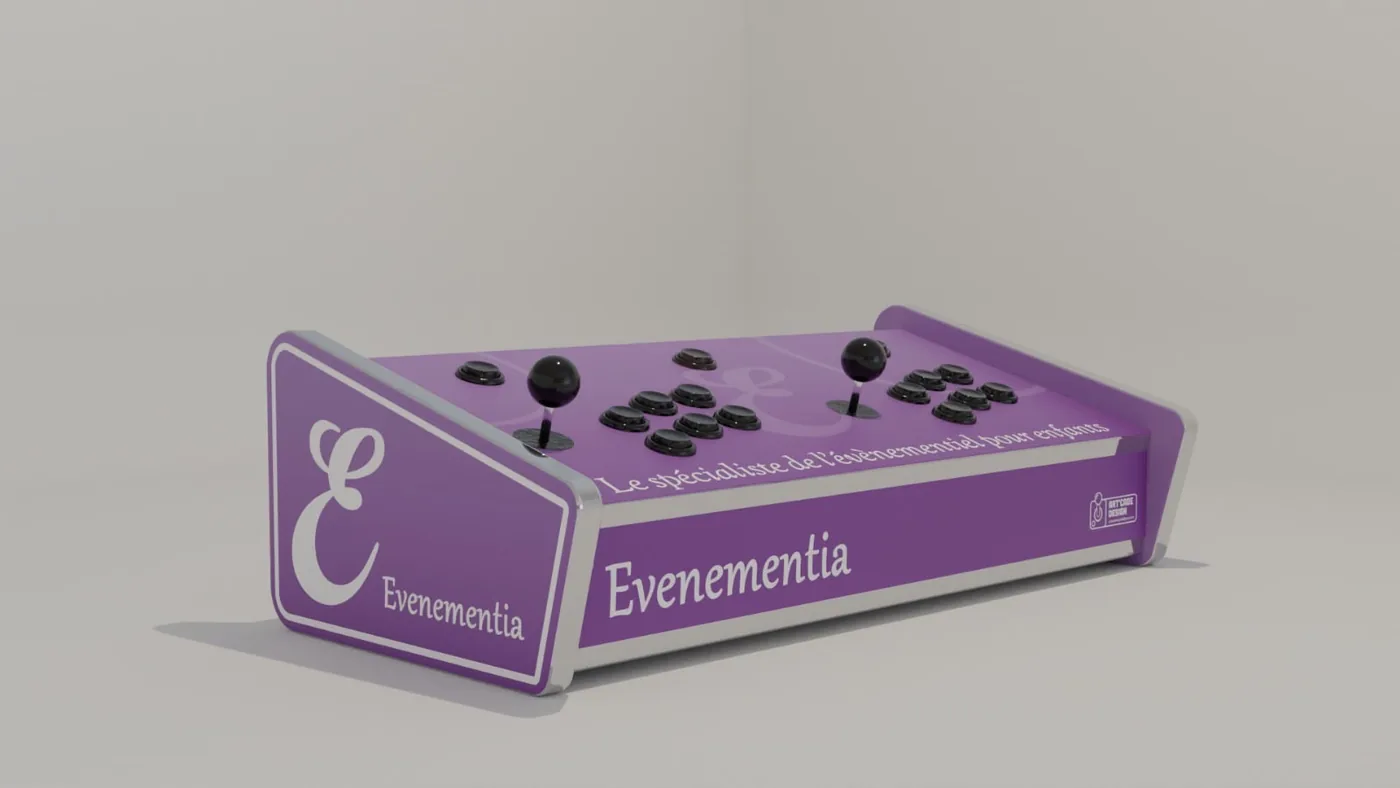 Visuel 3D d'une console de jeux d'arcade aux couleurs d'une agence événementielle — Art'cade Design Nice
