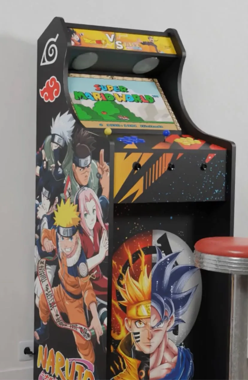 Borne arcade Naruto vue de face, habillage manga et tabouret — Art'cade Design Nice