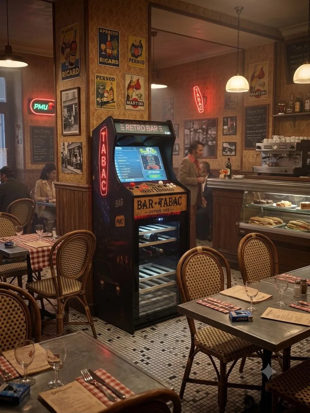 Mise en situation 3D de la borne « Retro Bar » dans un décor de bar-tabac — Art'cade Design Nice