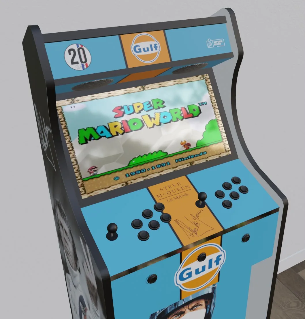 Borne arcade Classic Gulf Le Mans vue de face, marquee lumineux — Art'cade Design Nice