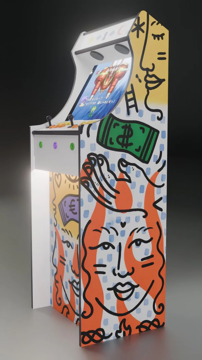 Borne d'arcade Classic habillée par Guillaume Cavalier, univers « Azur Chérie » — Art'cade Design Signature