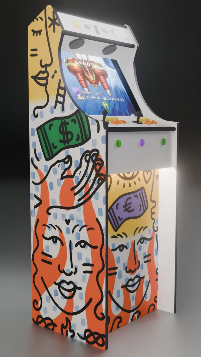 Borne arcade Guillaume Cavalier, détail de l'habillage peint — Art'cade Design Signature