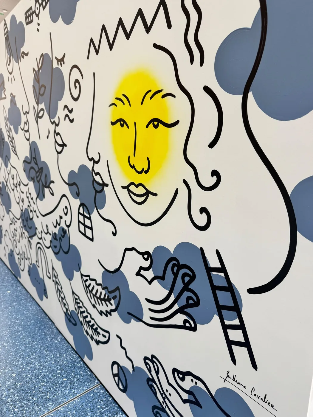 Œuvre originale de Guillaume Cavalier, soleil et visages au trait — Art'cade Design Signature
