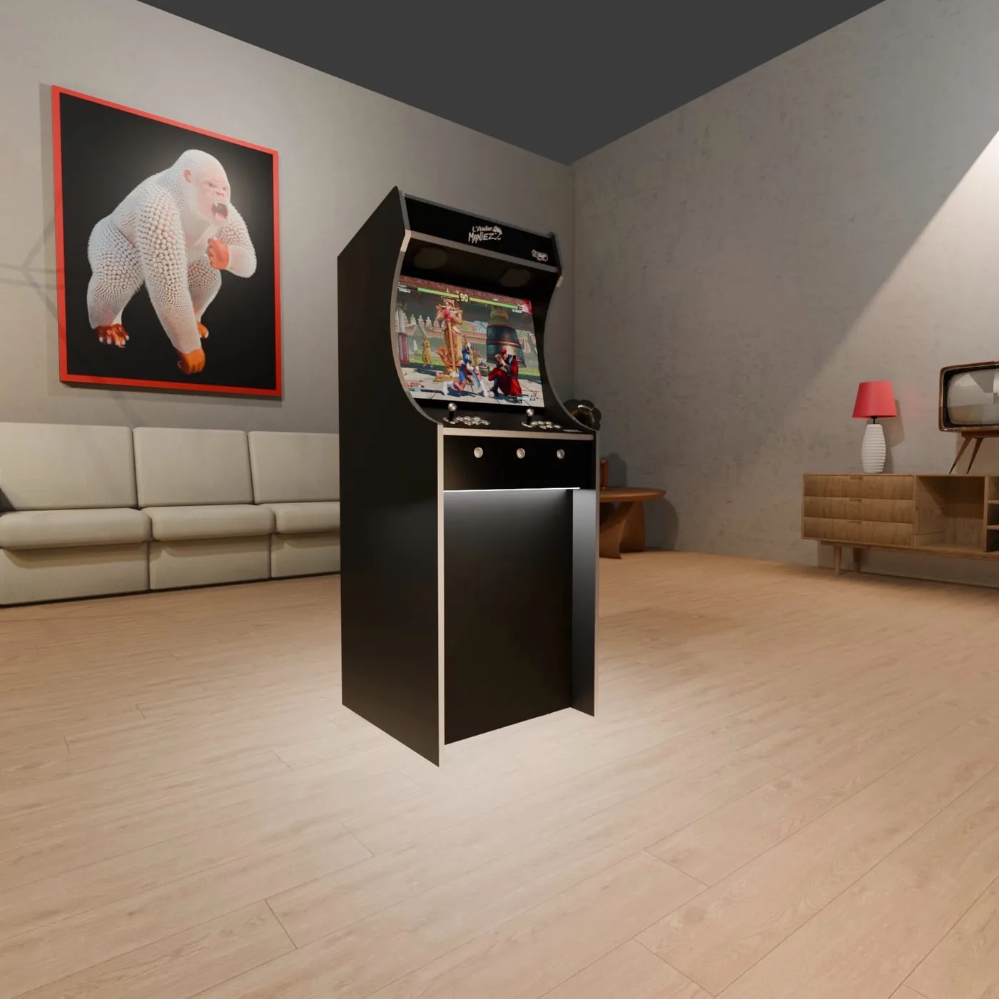 Borne arcade XL noir mat installée dans un salon, écran allumé sur Street Fighter — Art'cade Design Nice