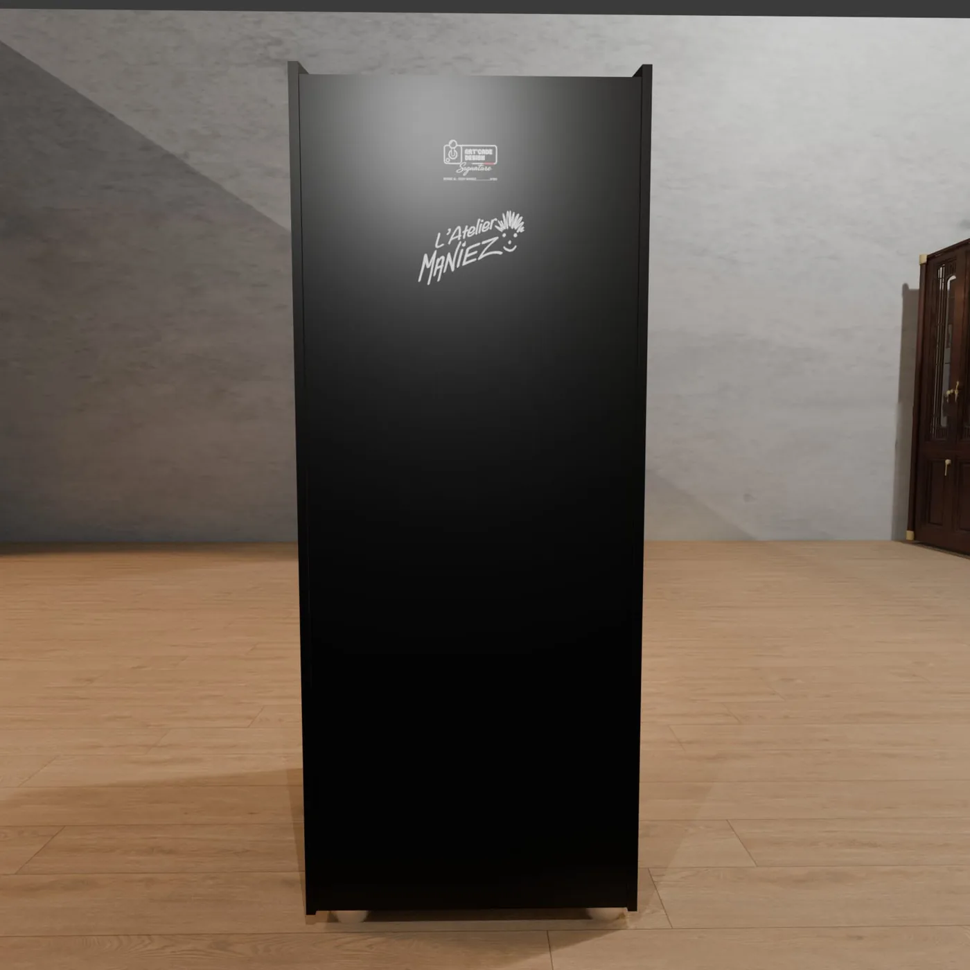 Visuel 3D de la borne XL Eddy Maniez, cabinet noir mat vu de profil — Art'cade Design Signature