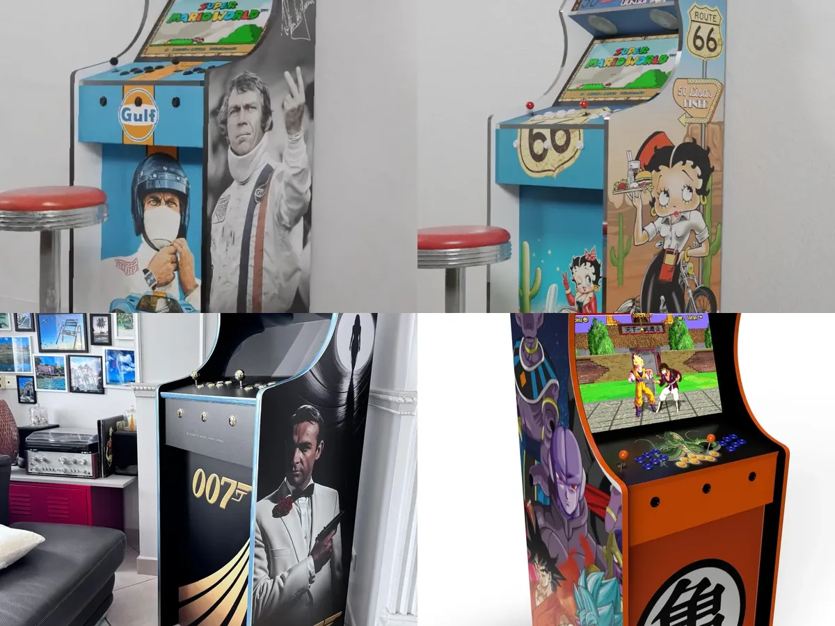 Quatre bornes d'arcade sur mesure aux thèmes différents : Steve McQueen, Betty Boop, James Bond et Dragon Ball — Art'cade Design Nice